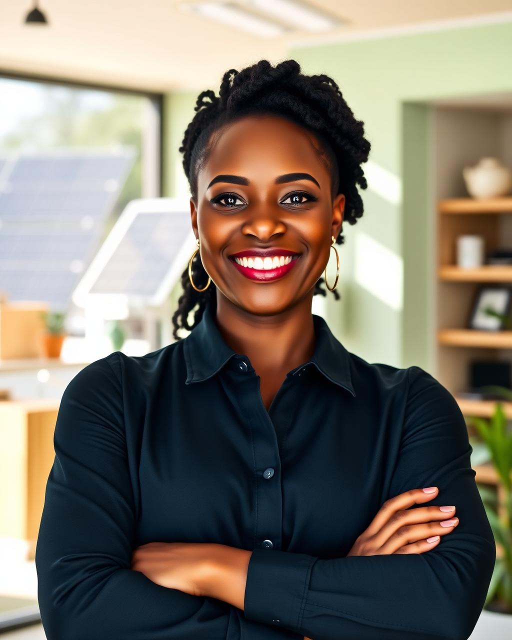 Smiling business owner powering her shop with Okin Energy solar